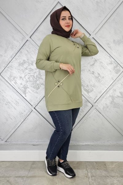 KADIN DÜĞME VE TAŞ AKSESUARLI TESETTÜR TUNİK MİNT YEŞİLİ - 3XL