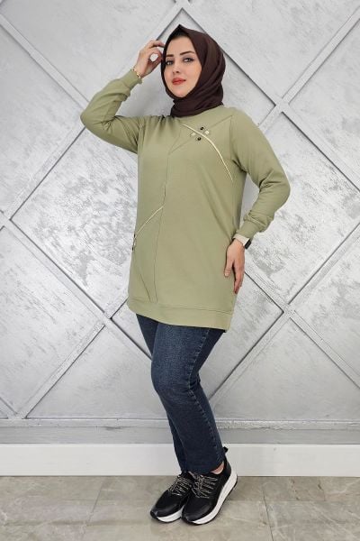 KADIN DÜĞME VE TAŞ AKSESUARLI TESETTÜR TUNİK MİNT YEŞİLİ - 3XL