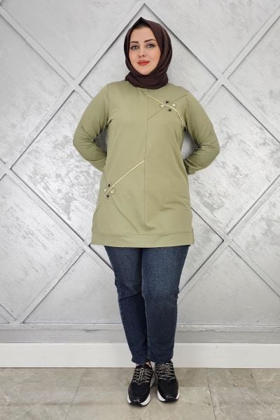 KADIN DÜĞME VE TAŞ AKSESUARLI TESETTÜR TUNİK MİNT YEŞİLİ - 3XL