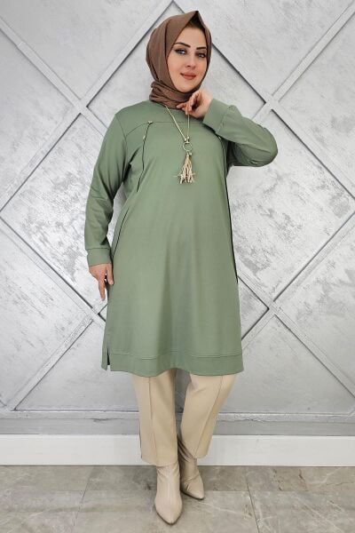 KADIN DÜĞME KOLYE DETAYLI TESETTÜR TUNİK KAHVERENGİ - 4 BEDEN