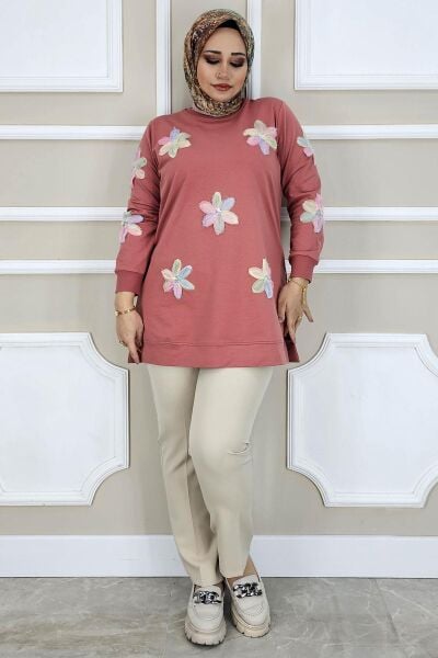 PYS KADIN DİKME ÇİÇEK AKSESUARLI TESETTÜR TUNİK GÜL PUDRA - 4 BEDEN