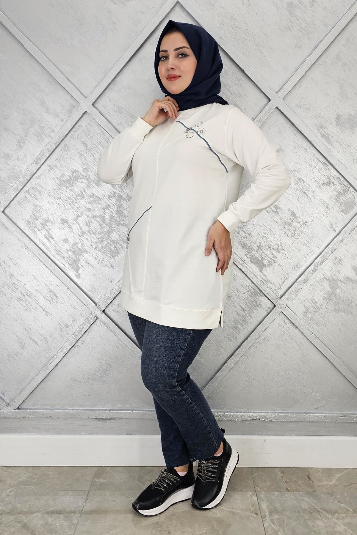 KADIN DÜĞME VE TAŞ AKSESUARLI TESETTÜR TUNİK EKRU - 2XL