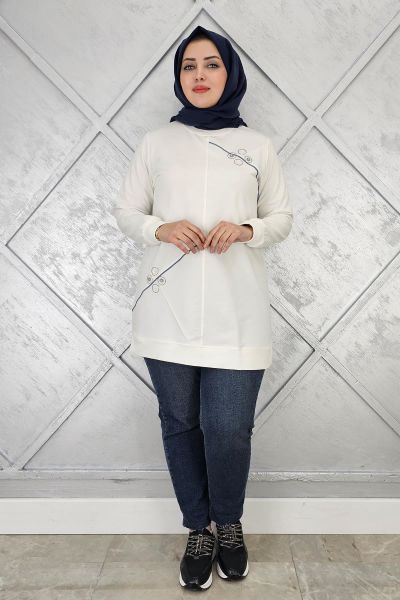 KADIN DÜĞME VE TAŞ AKSESUARLI TESETTÜR TUNİK EKRU - 2XL