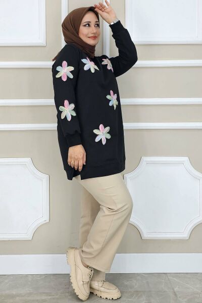 PYS KADIN DİKME ÇİÇEK AKSESUARLI TESETTÜR TUNİK SİYAH PUDRA - 5 BEDEN