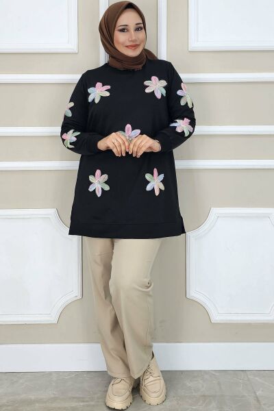 PYS KADIN DİKME ÇİÇEK AKSESUARLI TESETTÜR TUNİK SİYAH PUDRA - 5 BEDEN