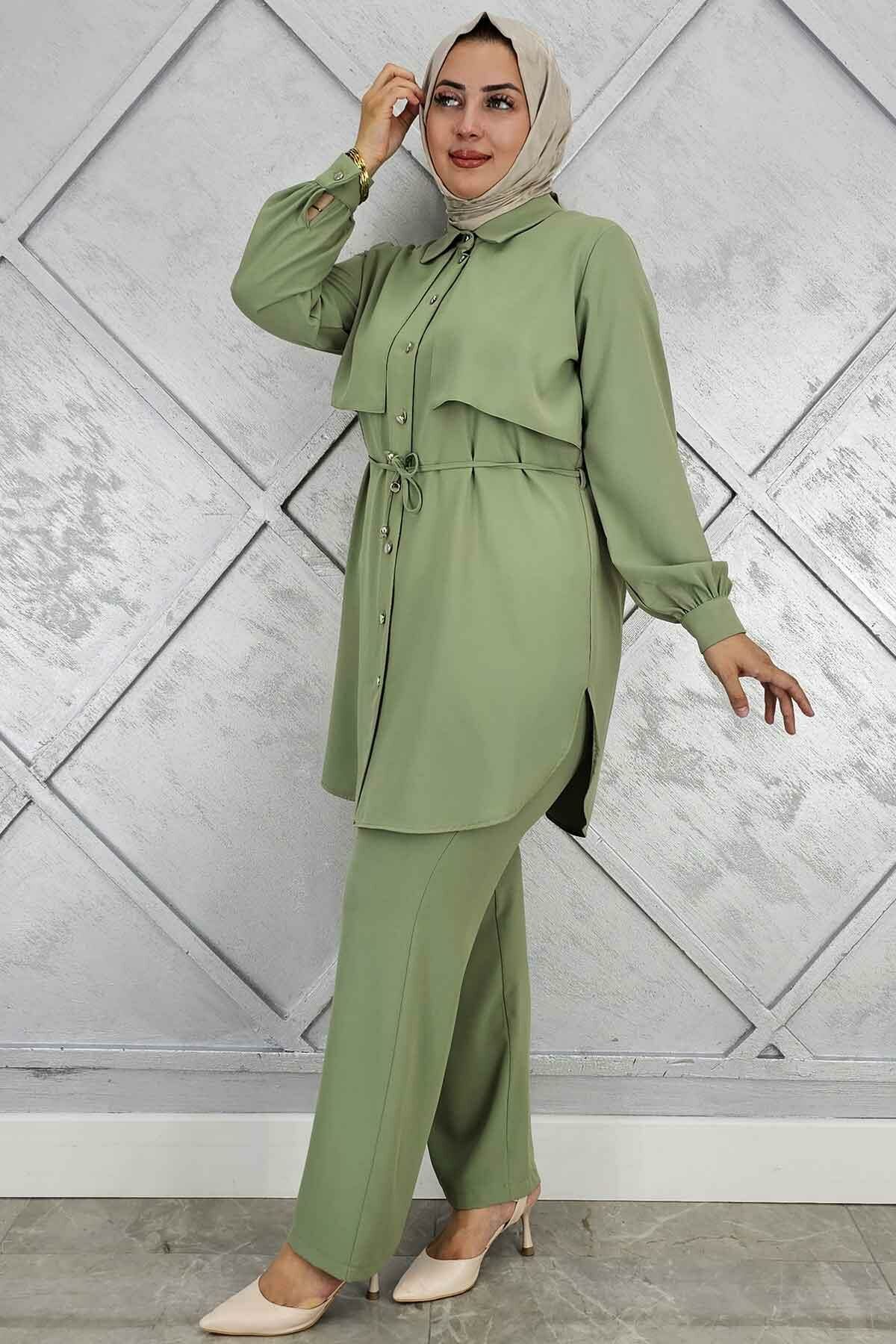 PYS KADIN BELİ BAĞCIKLI TESETTÜR TAKIM YEŞİL - 3 BEDEN