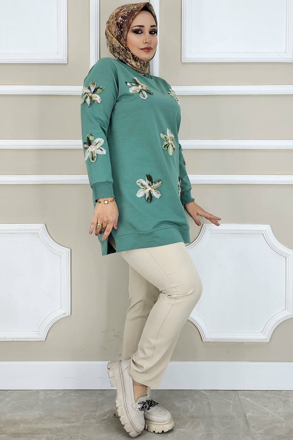 PYS KADIN DİKME ÇİÇEK AKSESUARLI TESETTÜR TUNİK MİNT YEŞİLİ - 2 BEDEN