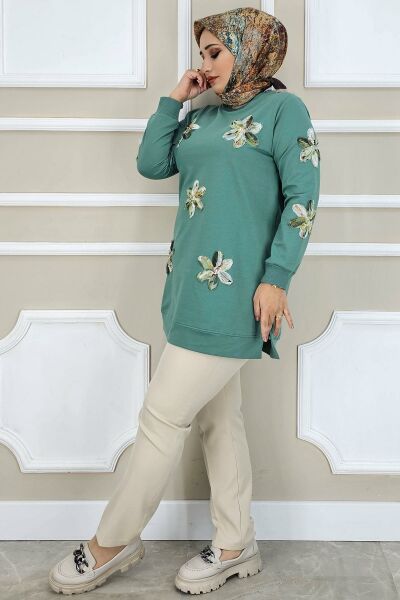 PYS KADIN DİKME ÇİÇEK AKSESUARLI TESETTÜR TUNİK MİNT YEŞİLİ - 2 BEDEN