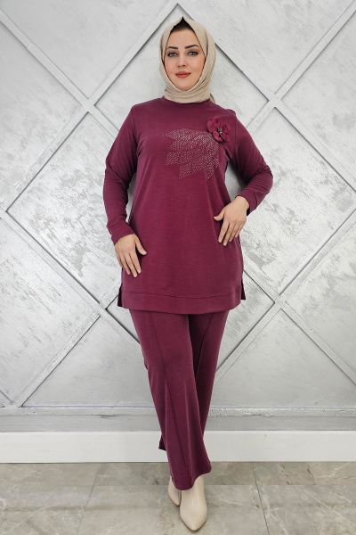KADIN DİKME VE TAŞ DETAYLI TESETTÜR TAKIM BORDO - 5 BEDEN