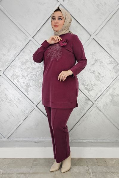 KADIN DİKME VE TAŞ DETAYLI TESETTÜR TAKIM BORDO - 5 BEDEN