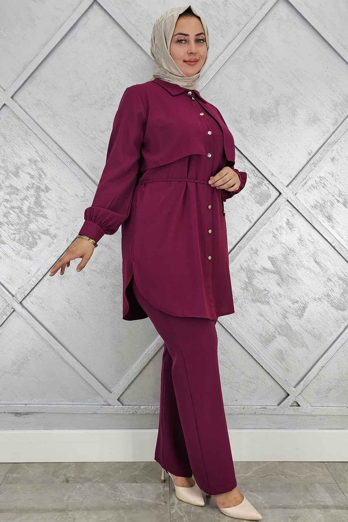 PYS KADIN BELİ BAĞCIKLI TESETTÜR TAKIM BORDO - 2 BEDEN