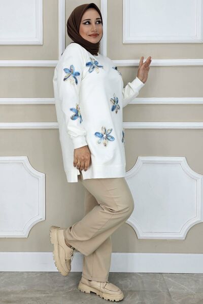 PYS KADIN DİKME ÇİÇEK AKSESUARLI TESETTÜR TUNİK EKRU MAVİ - 3 BEDEN