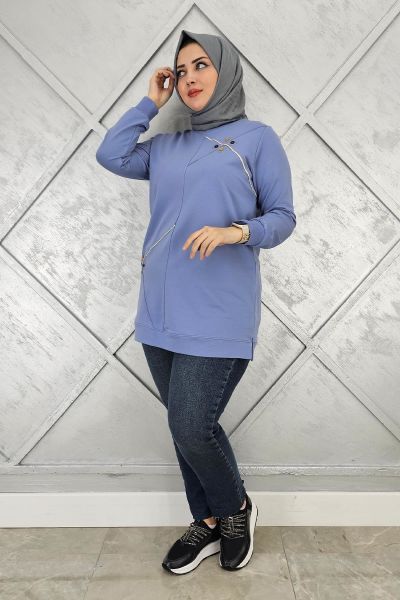 KADIN DÜĞME VE TAŞ AKSESUARLI TESETTÜR TUNİK MAVİ - 2XL