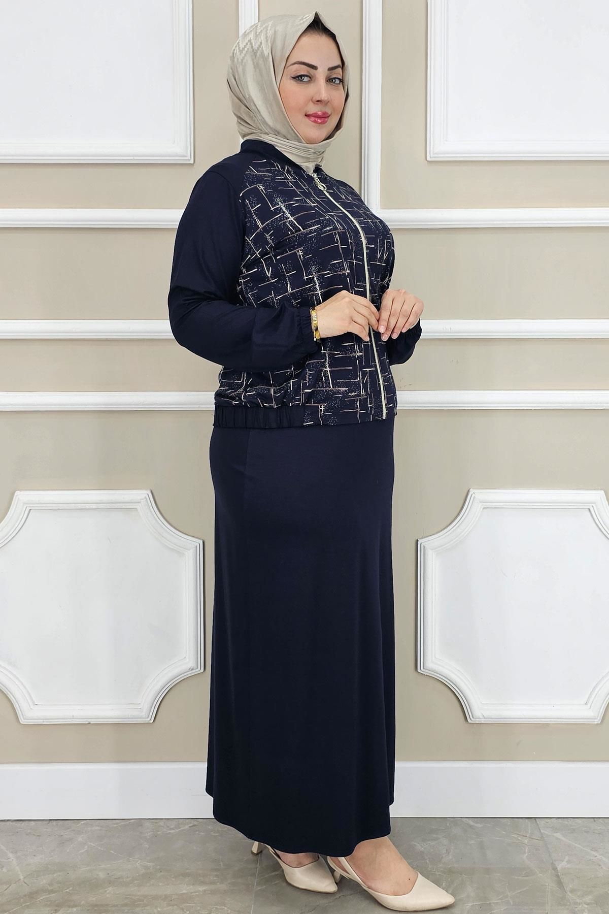 PYS KADIN DESENLİ TESETTÜR TAKIM LACİVERT - 2 BEDEN