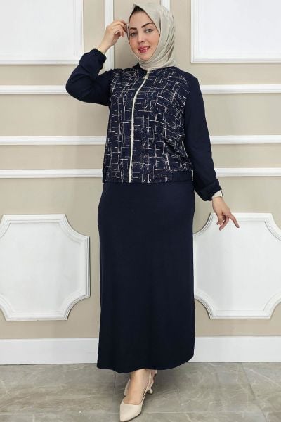 PYS KADIN DESENLİ TESETTÜR TAKIM LACİVERT - 2 BEDEN