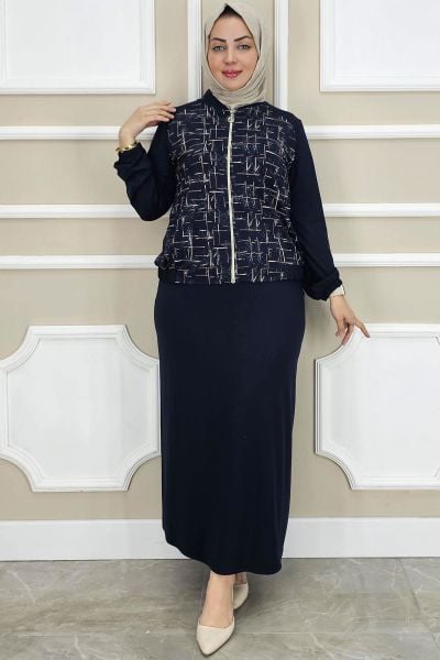 PYS KADIN DESENLİ TESETTÜR TAKIM LACİVERT - 2 BEDEN