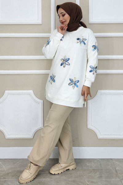 PYS KADIN DİKME ÇİÇEK AKSESUARLI TESETTÜR TUNİK EKRU MAVİ - 4 BEDEN