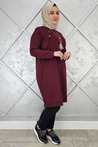 KADIN DÜĞME KOLYE DETAYLI TESETTÜR TUNİK BORDO - 2 BEDEN