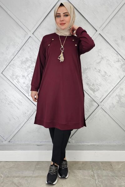 KADIN DÜĞME KOLYE DETAYLI TESETTÜR TUNİK BORDO - 2 BEDEN