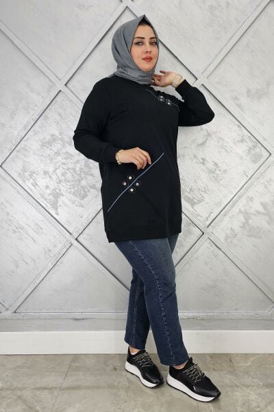 KADIN DÜĞME VE TAŞ AKSESUARLI TESETTÜR TUNİK SİYAH - L