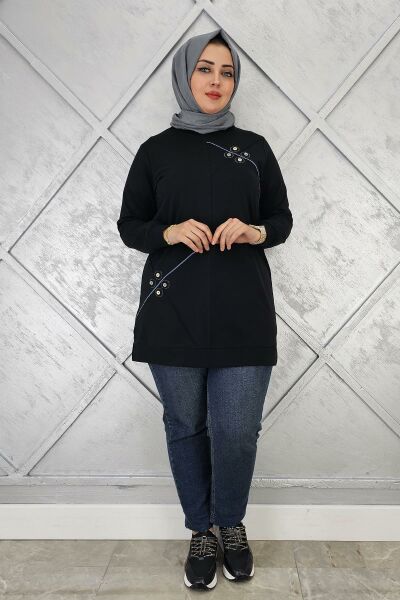 KADIN DÜĞME VE TAŞ AKSESUARLI TESETTÜR TUNİK SİYAH - L