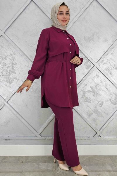 PYS KADIN BELİ BAĞCIKLI TESETTÜR TAKIM BORDO - 4 BEDEN