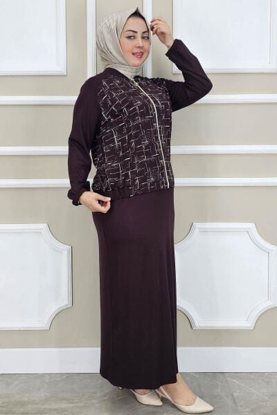 PYS KADIN DESENLİ TESETTÜR TAKIM KAHVERENGİ - 2 BEDEN