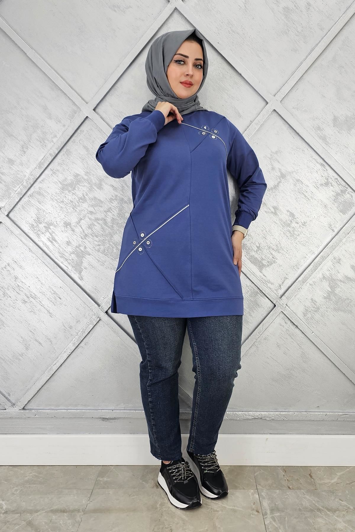 KADIN DÜĞME VE TAŞ AKSESUARLI TESETTÜR TUNİK İNDİGO - L