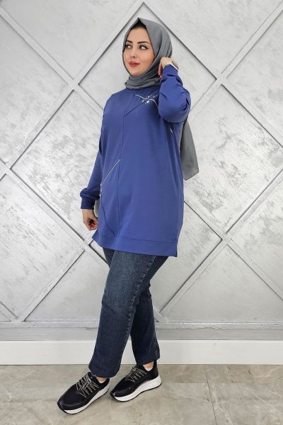 KADIN DÜĞME VE TAŞ AKSESUARLI TESETTÜR TUNİK İNDİGO - L