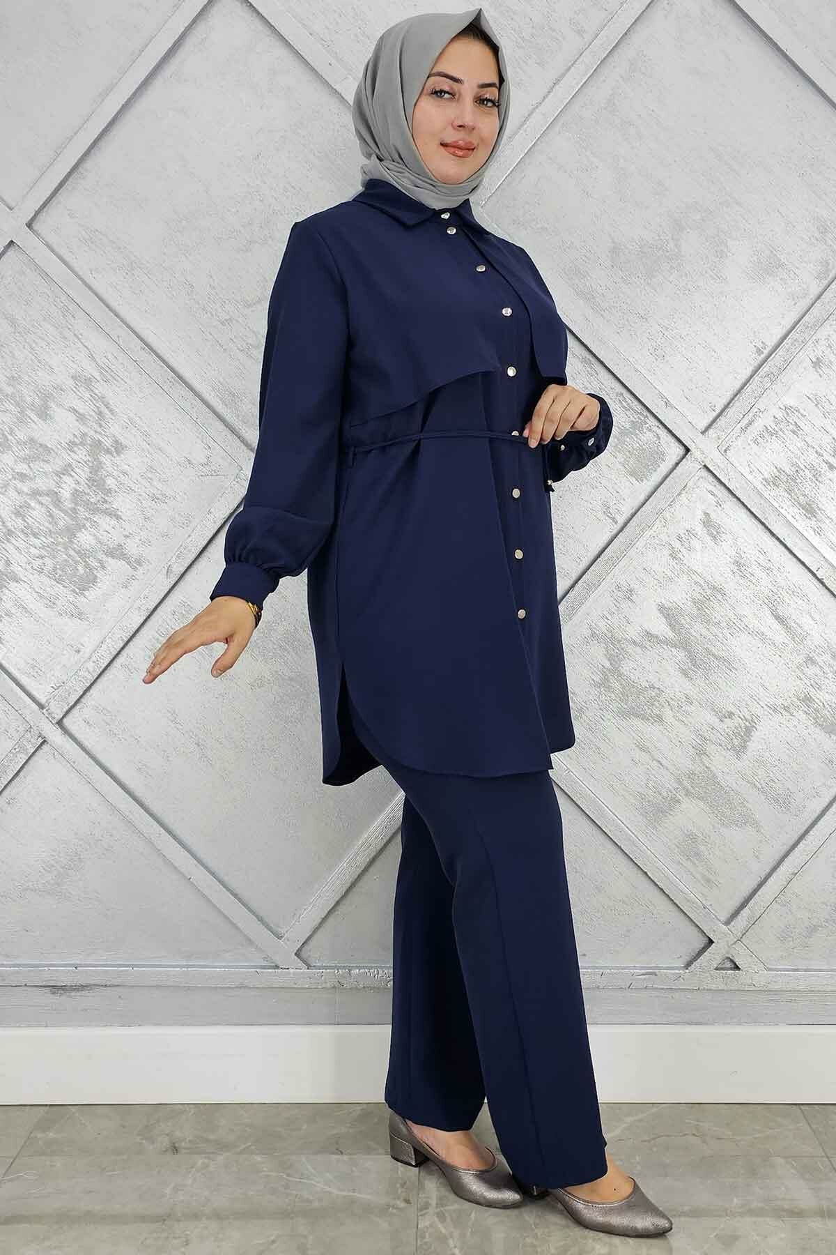 PYS KADIN BELİ BAĞCIKLI TESETTÜR TAKIM LACİVERT - 5 BEDEN