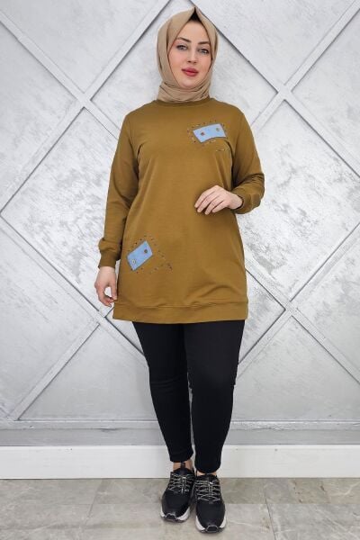 KADIN DÜĞME DETAYLI TESETTÜR TUNİK YAĞ YEŞİLİ - XL