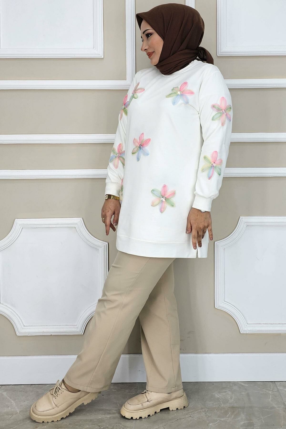 PYS KADIN DİKME ÇİÇEK AKSESUARLI TESETTÜR TUNİK EKRU PUDRA - 4 BEDEN