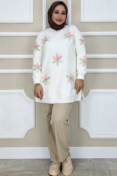 PYS KADIN DİKME ÇİÇEK AKSESUARLI TESETTÜR TUNİK EKRU PUDRA - 4 BEDEN