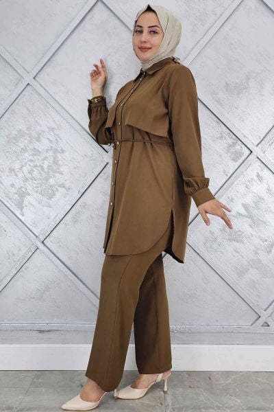 PYS KADIN BELİ BAĞCIKLI TESETTÜR TAKIM KAHVERENGİ - 4 BEDEN