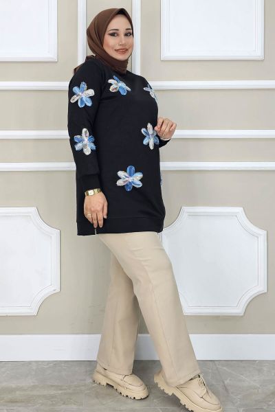 PYS KADIN DİKME ÇİÇEK AKSESUARLI TESETTÜR TUNİK SİYAH MAVİ - 2 BEDEN