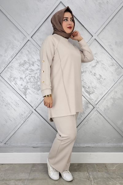 KADIN KOL DÜĞME DETAYLI TESETTÜR TAKIM TAŞ - 4 BEDEN