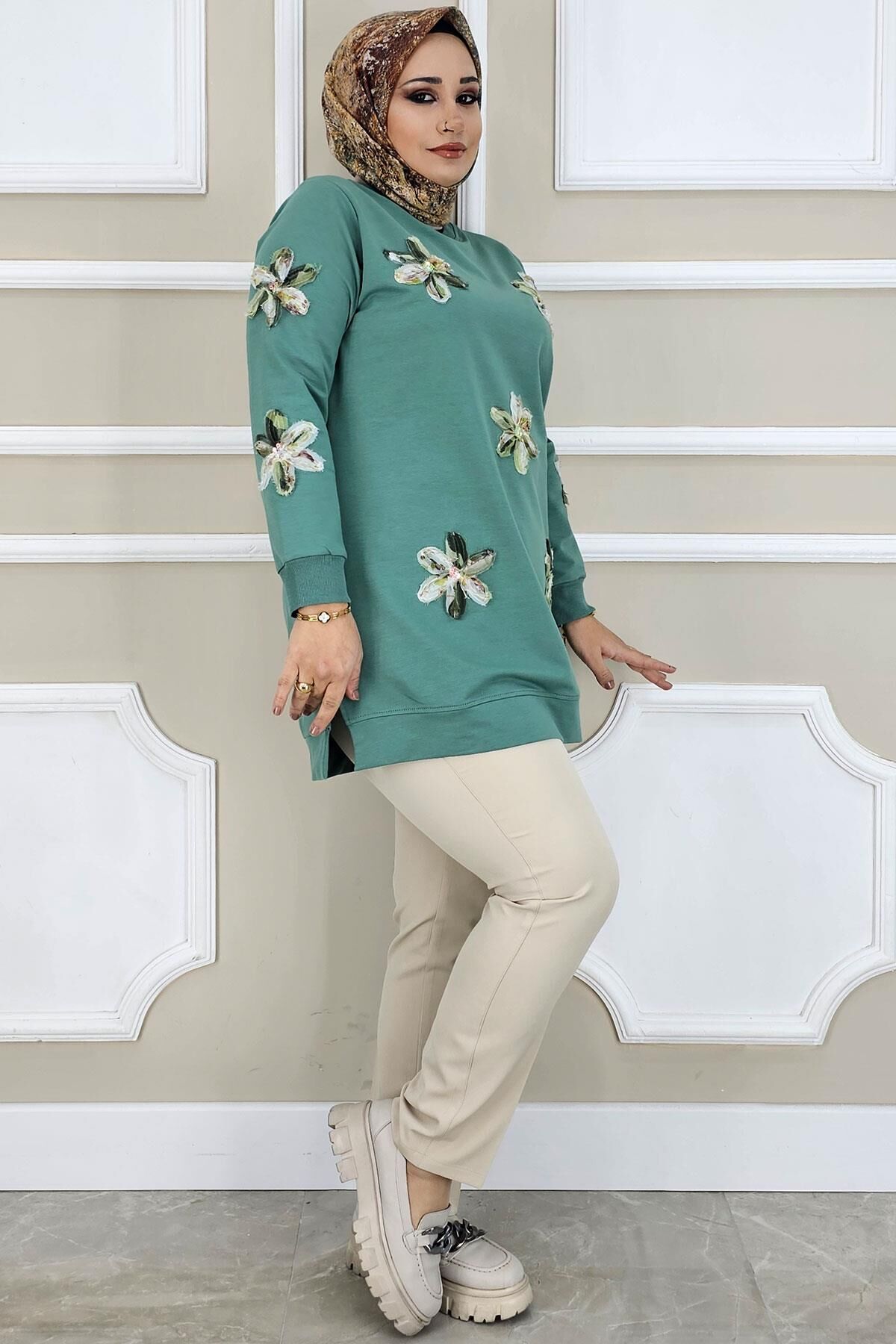 PYS KADIN DİKME ÇİÇEK AKSESUARLI TESETTÜR TUNİK MİNT YEŞİLİ - 3 BEDEN