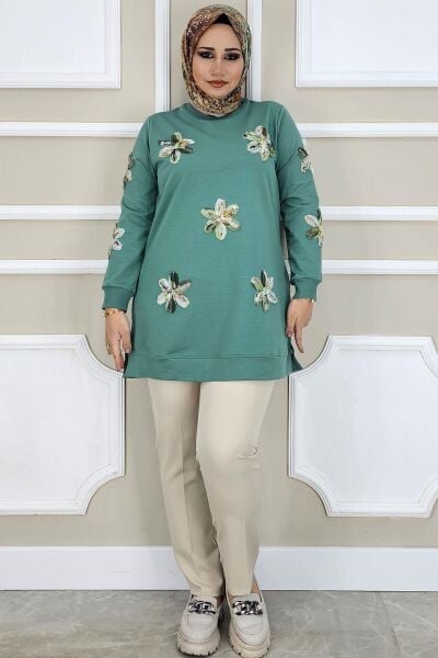 PYS KADIN DİKME ÇİÇEK AKSESUARLI TESETTÜR TUNİK MİNT YEŞİLİ - 3 BEDEN
