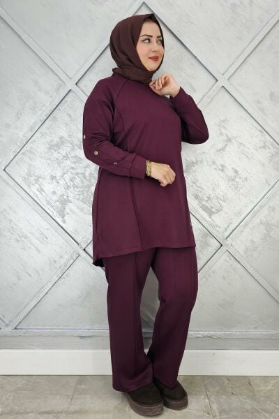 KADIN KOL DÜĞME DETAYLI TESETTÜR TAKIM BORDO - 2 BEDEN