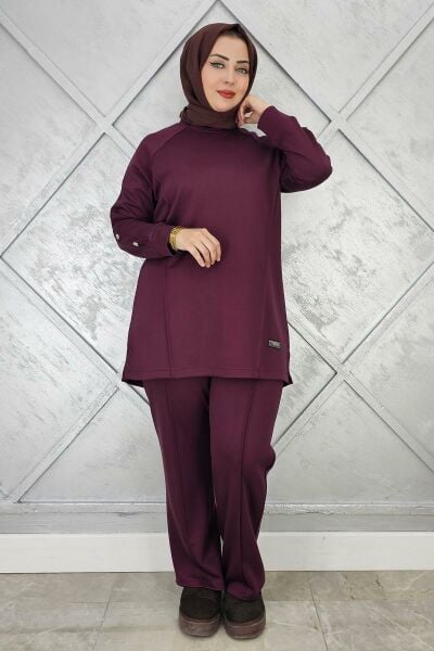 KADIN KOL DÜĞME DETAYLI TESETTÜR TAKIM BORDO - 2 BEDEN