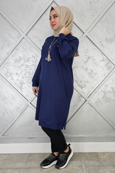 KADIN DÜĞME KOLYE DETAYLI TESETTÜR TUNİK LACİVERT - 5 BEDEN