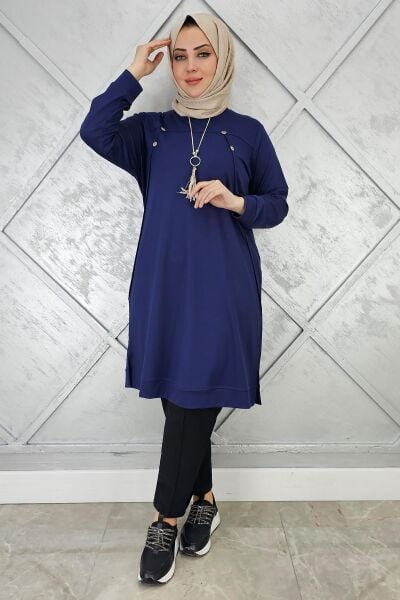 KADIN DÜĞME KOLYE DETAYLI TESETTÜR TUNİK LACİVERT - 5 BEDEN