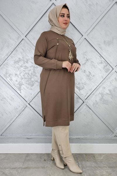 KADIN DÜĞME KOLYE DETAYLI TESETTÜR TUNİK VİZON - 3 BEDEN