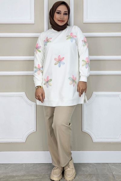 PYS KADIN DİKME ÇİÇEK AKSESUARLI TESETTÜR TUNİK EKRU PUDRA - 2 BEDEN