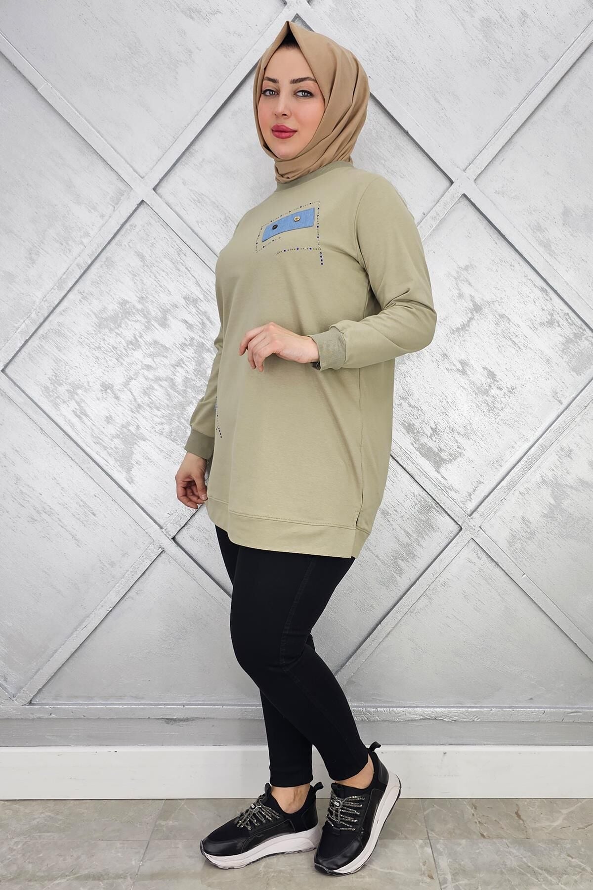 KADIN DÜĞME DETAYLI TESETTÜR TUNİK HAKİ - XL