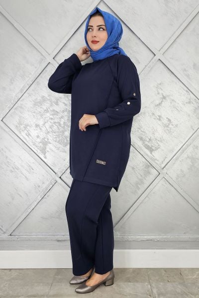KADIN KOL DÜĞME DETAYLI TESETTÜR TAKIM LACİVERT - 5 BEDEN