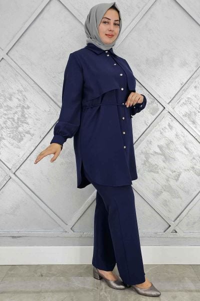 PYS KADIN BELİ BAĞCIKLI TESETTÜR TAKIM LACİVERT - 2 BEDEN