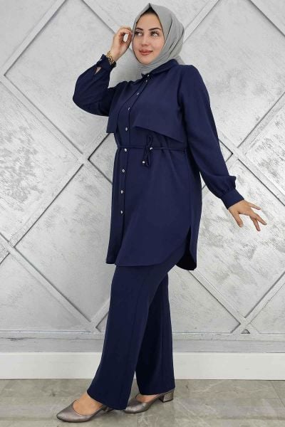 PYS KADIN BELİ BAĞCIKLI TESETTÜR TAKIM LACİVERT - 2 BEDEN