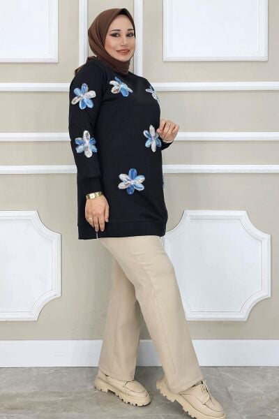 PYS KADIN DİKME ÇİÇEK AKSESUARLI TESETTÜR TUNİK SİYAH MAVİ - 3 BEDEN