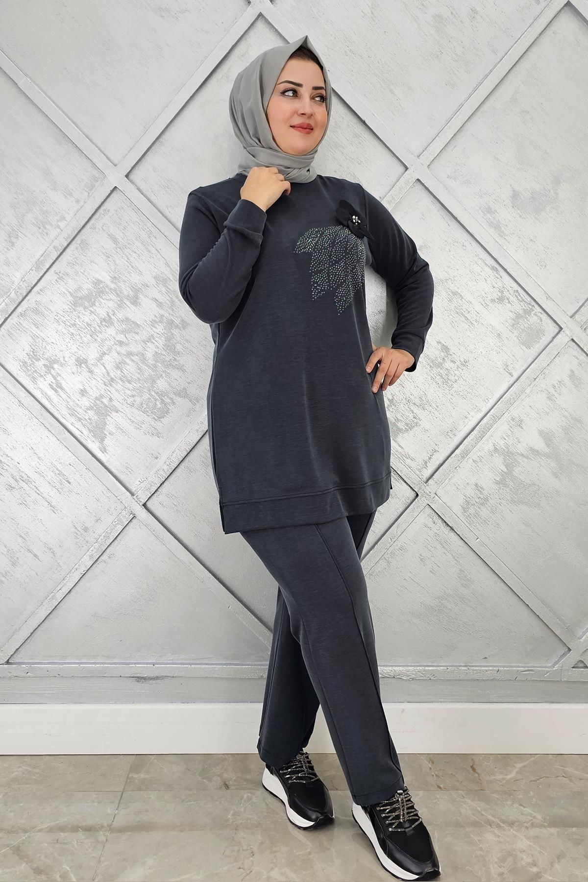 KADIN DİKME VE TAŞ DETAYLI TESETTÜR TAKIM SİYAH - 3 BEDEN